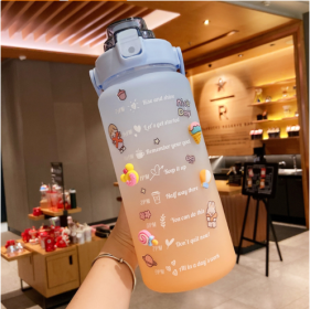 2 Liter Water Bottle With Straw Motivational Water Jug Plastic Frosted Bottles With Time Marker Outdoor Sports Water Bottles Cup (Color: B-Blue Orange)