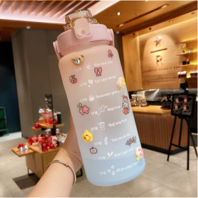 2 Liter Water Bottle With Straw Motivational Water Jug Plastic Frosted Bottles With Time Marker Outdoor Sports Water Bottles Cup (Color: B-Pink Blue)
