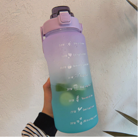 2 Liter Water Bottle With Straw Motivational Water Jug Plastic Frosted Bottles With Time Marker Outdoor Sports Water Bottles Cup (Color: A-Purple Green)