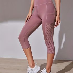 High Waist Yoga Capri Pants, Tummy Control Sports Legging Capri For Women With Out Pockets And Mesh Design (Color: Pale Pinkish Gray, size: L(8/10))