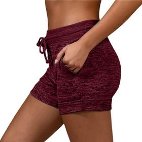Women's bottoming quick-drying shorts yoga pants casual sports waist tie elastic shorts (Color: Burgundy, size: XXXL)