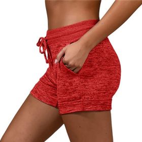 Women's bottoming quick-drying shorts yoga pants casual sports waist tie elastic shorts (Color: Red, size: L)