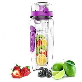 Fruit Infuser Water Bottle 32OZ Juice Shaker Sport w/ Flip Top Lid Anti-Slip Grips For Office Home Sport Running Walking Hiking (Color: Purple)