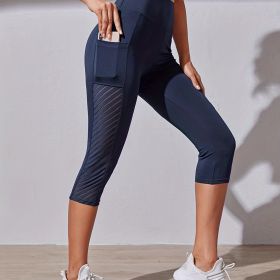 High Waist Yoga Capri Pants, Tummy Control Sports Legging Capri For Women With Out Pockets And Mesh Design (Color: Navy Blue, size: L(8/10))